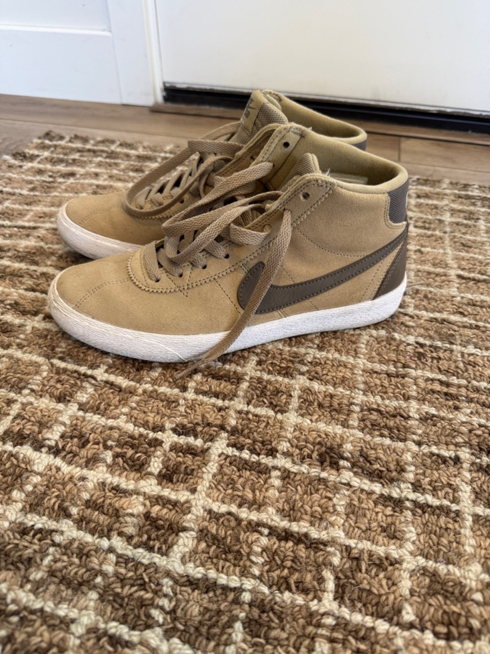 Nike Tan Suede High-Top Sneakers with Brown Swoosh